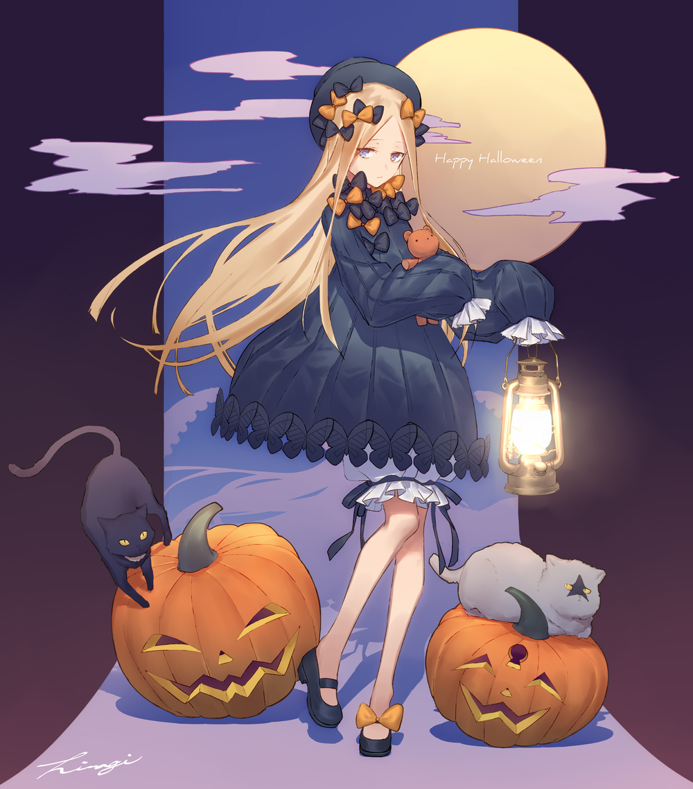 1girl abigail_williams_(fate/grand_order) black_cat black_dress black_ribbon blonde_hair blue_eyes cat clouds dress fate/grand_order fate_(series) grey_cat hair_ribbon halloween jack-o'-lantern kibou lantern long_hair long_sleeves looking_at_viewer mary_janes moon multicolored multicolored_background orange_ribbon oversized_clothes puffy_dress puffy_sleeves pumpkin purple_background ribbon shadow shoe_ribbon shoes signature solo star_(symbol) very_long_hair