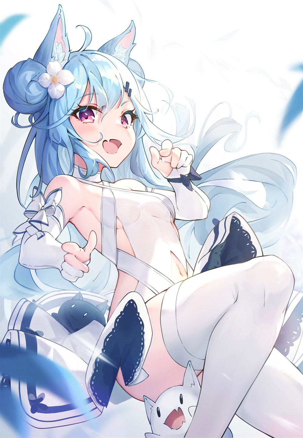 1girl :d ahoge animal_ears armpits bare_shoulders blue_hair breasts cat_ears choker clothing_cutout criss-cross_halter double_bun dress elbow_gloves fang gloves hair_bun hair_ornament hairclip halter_dress halterneck highres long_hair looking_at_viewer mishuo_(misuo69421) navel navel_cutout open_mouth original partially_fingerless_gloves sideless_outfit small_breasts smile solo thigh-highs thighs very_long_hair violet_eyes white_choker white_dress white_gloves white_legwear