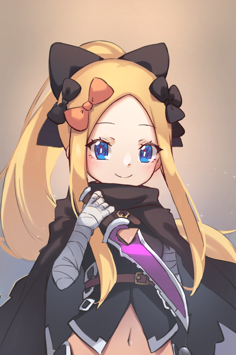 1girl abigail_williams_(fate/grand_order) bangs black_bow blonde_hair blue_eyes blush bow breasts cloak closed_mouth cosplay dagger fate/apocrypha fate/grand_order fate_(series) forehead highres holding holding_dagger holding_weapon jack_the_ripper_(fate/apocrypha) jack_the_ripper_(fate/apocrypha)_(cosplay) long_hair looking_at_viewer miya_(miyaruta) multiple_bows orange_bow parted_bangs ponytail sidelocks small_breasts smile weapon