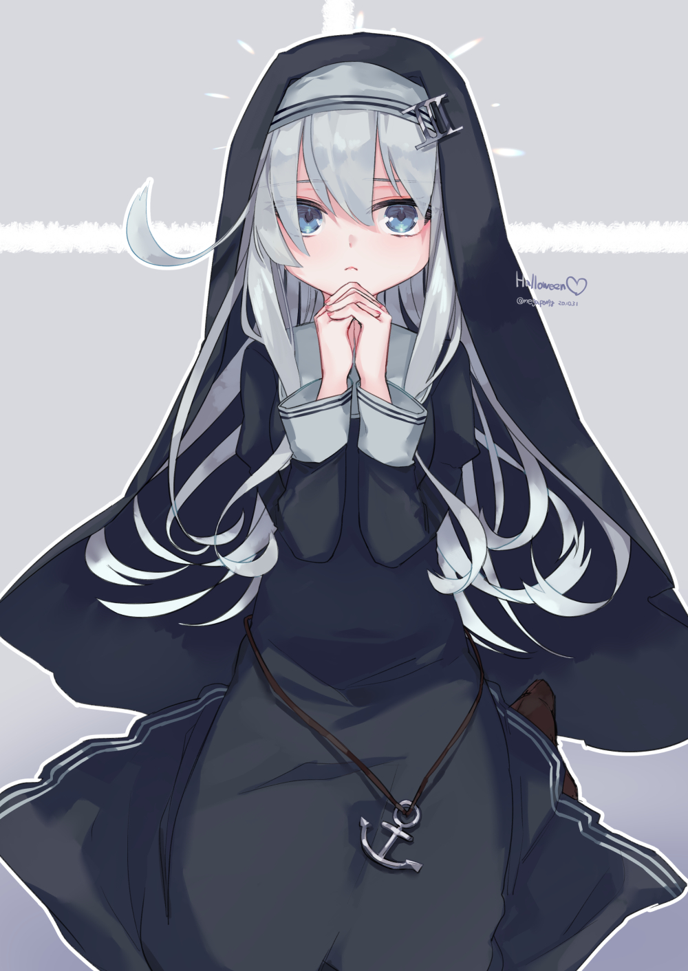 alternate_costume anchor_ornament black_dress blue_eyes dress habit hands_together hibiki_(kantai_collection) highres kantai_collection kneeling long_hair glasses_poni nun praying roman_numerals silver_hair