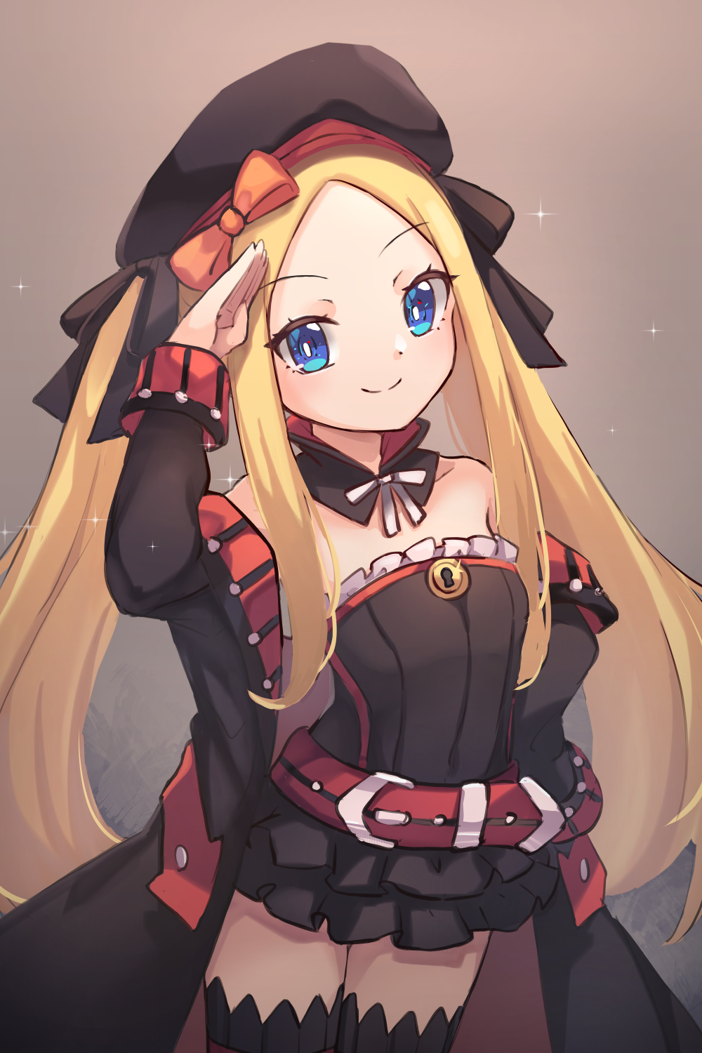 1girl abigail_williams_(fate/grand_order) bangs beret black_bow black_dress black_headwear blonde_hair bow closed_mouth coat cosplay dress fate/grand_order fate_(series) forehead hat helena_blavatsky_(fate/grand_order) helena_blavatsky_(fate/grand_order)_(cosplay) highres long_hair miya_(miyaruta) multiple_bows open_clothes open_coat orange_bow parted_bangs salute short_dress sidelocks smile thighs twintails