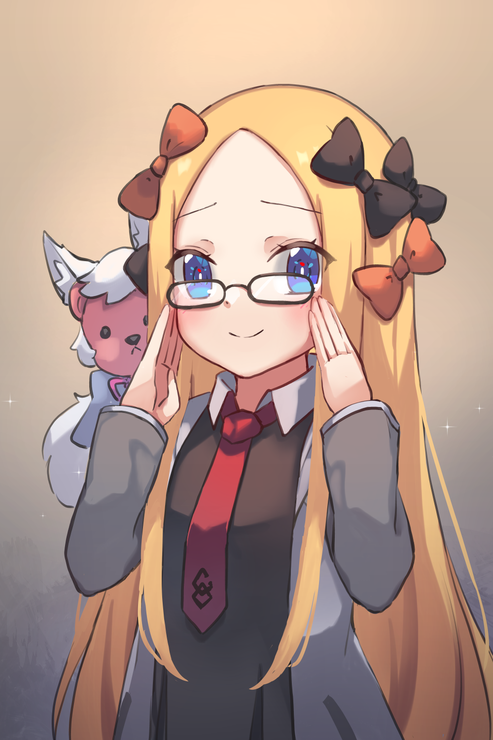 1girl abigail_williams_(fate/grand_order) bangs black_bow black_dress blonde_hair blue_eyes blush bow breasts closed_mouth cosplay dress fate/grand_order fate_(series) forehead fou_(fate/grand_order) fou_(fate/grand_order)_(cosplay) glasses hair_bow highres jacket long_hair long_sleeves looking_at_viewer mash_kyrielight mash_kyrielight_(cosplay) miya_(miyaruta) multiple_bows necktie open_clothes open_jacket orange_bow parted_bangs sidelocks small_breasts smile stuffed_animal stuffed_toy teddy_bear