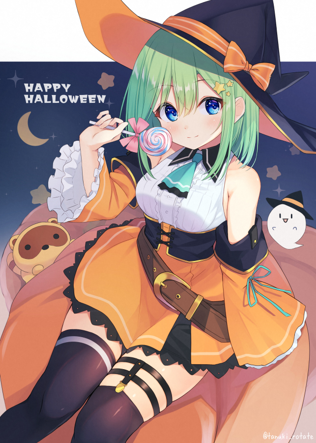 1girl bangs bare_shoulders belt belt_buckle black_legwear blue_eyes blush bow breasts brown_belt buckle candy commentary crescent detached_sleeves food frilled_sleeves frills ghost green_hair green_neckwear green_ribbon hair_ornament halloween happy_halloween hat hat_bow holding holding_candy holding_food holding_lollipop lollipop long_sleeves looking_at_viewer medium_hair orange_bow orange_skirt original pink_bow pumpkin ribbon shirai_tanuki sitting sitting_on_object skirt smile solo star_(sky) star_(symbol) star_hair_ornament striped striped_bow takeda_emi tanuki thigh-highs thigh_strap witch_hat