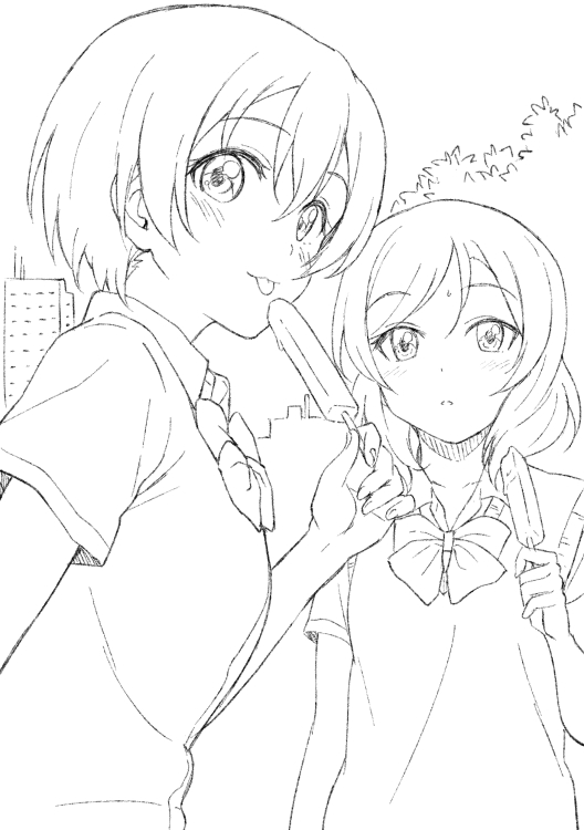 2girls :3 bangs blush bow bowtie breasts closed_mouth collarbone commentary_request eating eyebrows_visible_through_hair food food_bite from_side greyscale hand_up happy holding hoshizora_rin lineart looking_at_viewer love_live! love_live!_school_idol_project monochrome multiple_girls nishikino_maki outdoors parted_lips popsicle school_uniform shibasaki_shouji shirt short_hair short_sleeves sketch small_breasts smile standing sweat tongue tongue_out tree upper_body vest