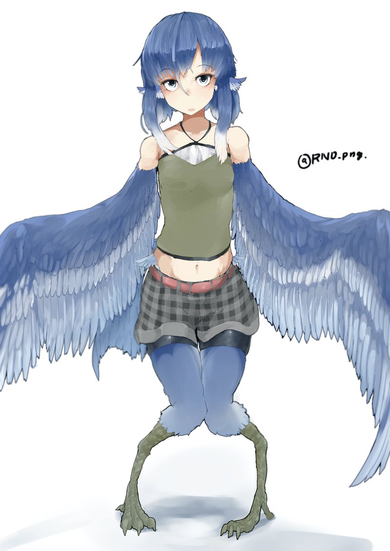 1girl animal_ears belt bike_shorts bird_ears bird_legs bird_tail bird_wings blouse blue_feathers blue_hair blue_wings digitigrade eyebrows_visible_through_hair feathered_wings feathers grey_eyes harpy head_feathers midriff miura_(rnd.jpg) monster_girl navel open_mouth original rnd.jpg shorts sleeveless sleeveless_blouse solo talons twitter_username winged_arms wings