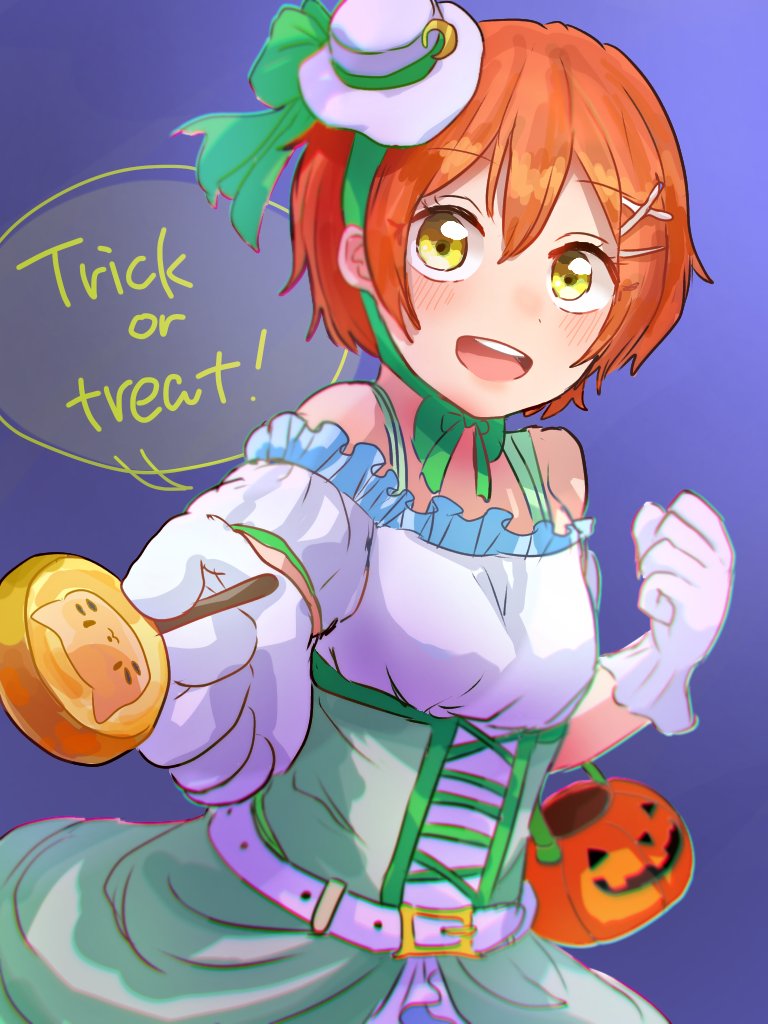 1girl bare_shoulders blush candy dress food gloves hair_ornament hairclip halloween hat holding holding_candy holding_food holding_lollipop hoshizora_rin jack-o'-lantern kimutinomotoda lollipop love_live! love_live!_school_idol_project mini_hat open_mouth orange_hair short_hair smile solo speech_bubble strapless strapless_dress upper_teeth white_gloves white_headwear x_hair_ornament yellow_eyes