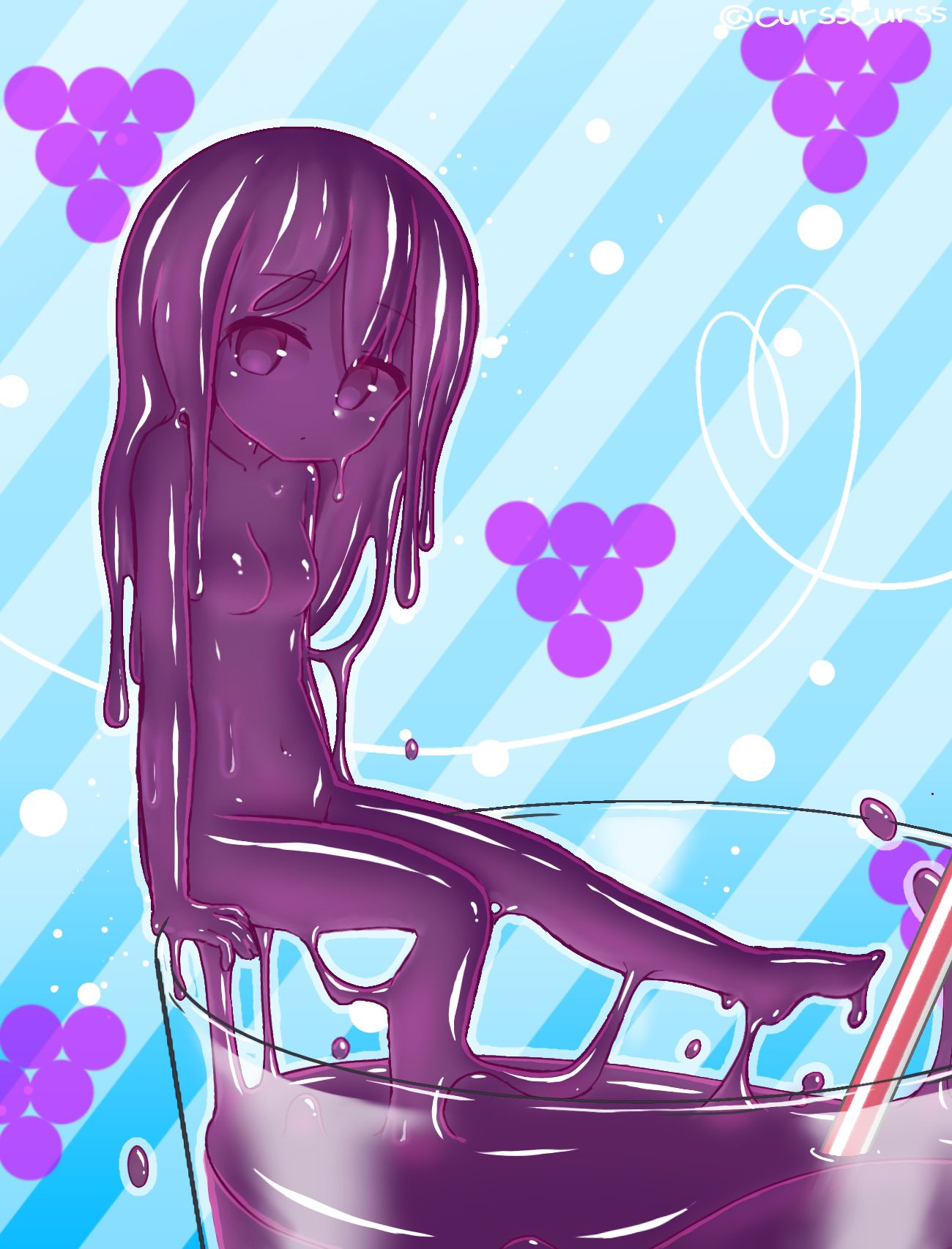 1girl barefoot breasts closed_mouth cup drinking_straw from_side grape_juice highres in_container in_cup kixyuresu long_hair looking_at_viewer minigirl navel nude original outline purple_hair purple_sclera purple_skin sitting small_breasts solo twitter_username violet_eyes white_outline