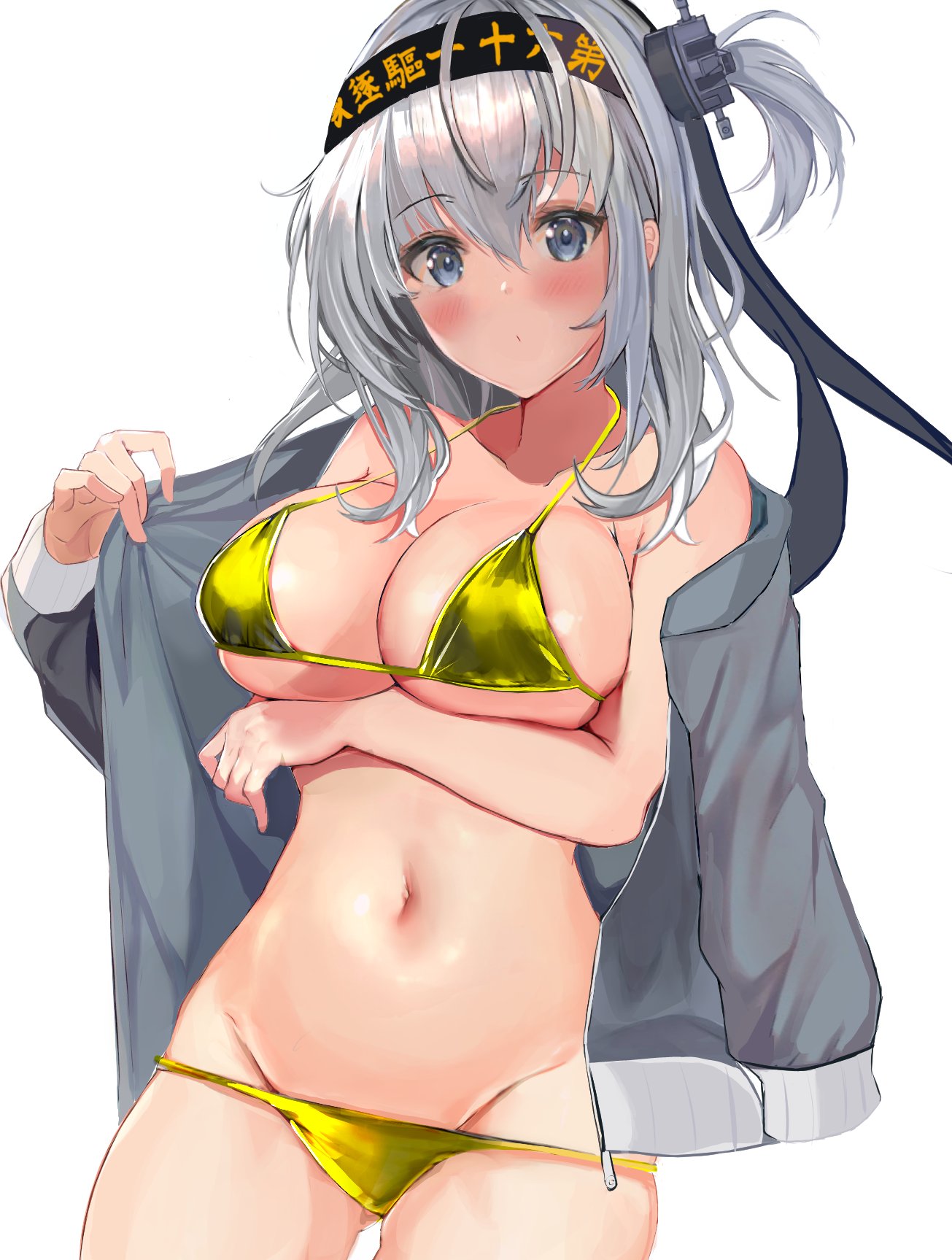 1girl blue_eyes blush breasts collarbone eriyama_e grey_jacket hair_between_eyes hair_ornament headband highres jacket kantai_collection large_breasts looking_at_viewer navel one_side_up open_clothes open_jacket silver_hair simple_background solo suzutsuki_(kantai_collection) white_background