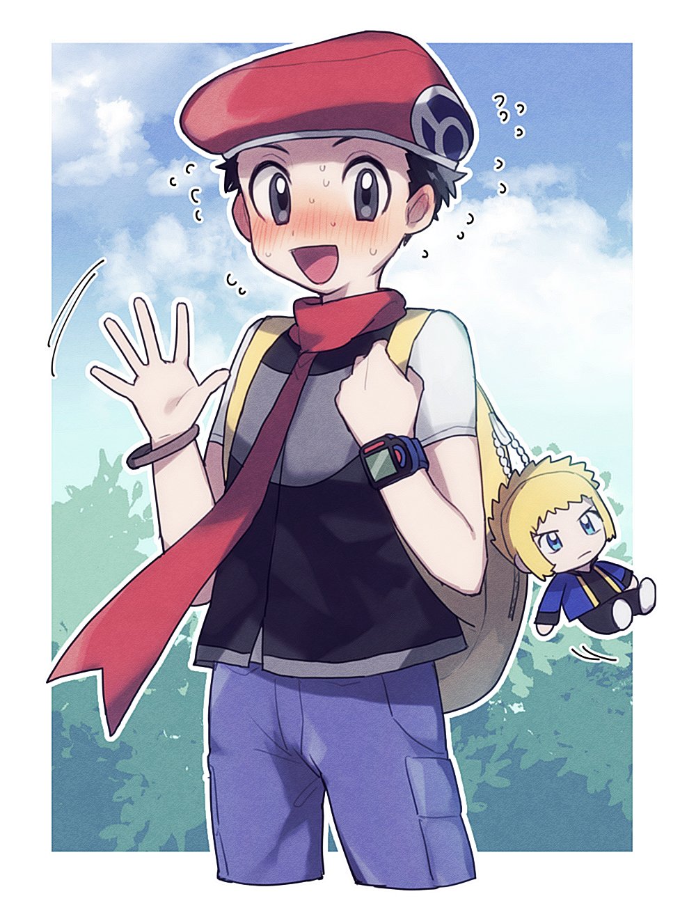 1boy :d backpack bag black_hair blush character_doll clouds commentary_request day flying_sweatdrops foliage grey_eyes hands_up hat highres holding_strap looking_at_viewer lucas_(pokemon) male_focus open_mouth oshi_taberu outdoors pants pokemon pokemon_(game) pokemon_dppt purple_pants red_headwear red_scarf scarf short_sleeves sky smile sweat tongue volkner_(pokemon) yellow_backpack