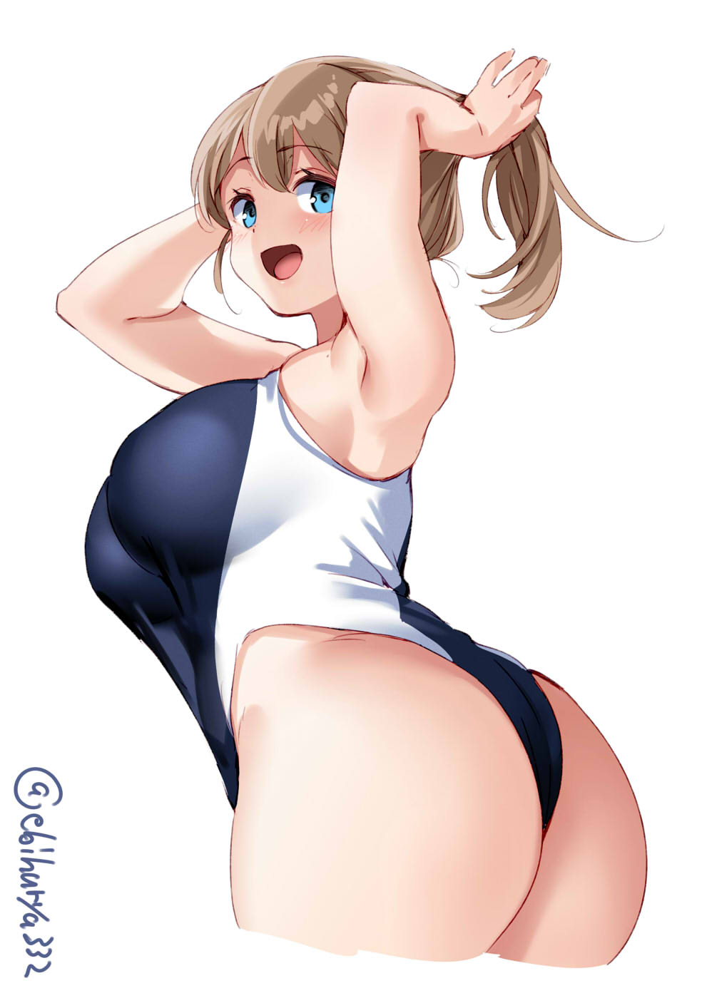 1girl alternate_costume ass back blue_eyes blue_swimsuit blush breasts brown_hair comb competition_swimsuit cowboy_shot ebifurya eyebrows_visible_through_hair hair_between_eyes highres intrepid_(kantai_collection) kantai_collection large_breasts looking_at_viewer looking_back looking_to_the_side one-piece_swimsuit open_mouth ponytail short_hair simple_background solo swimsuit twisted_torso twitter_username white_background