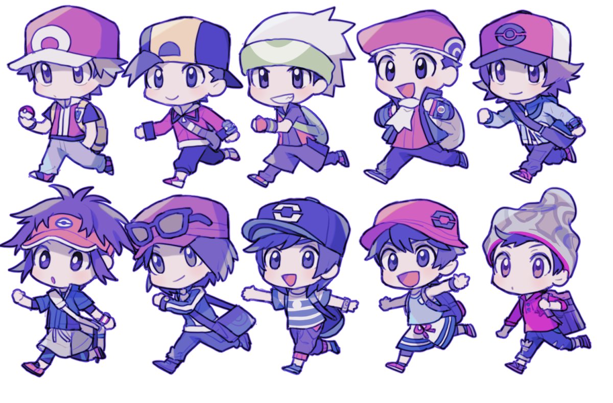 6+boys :d bag baseball_cap beanie black_hair blue_jacket blush brendan_(pokemon) brown_hair cable_knit calem_(pokemon) chibi closed_mouth commentary_request elio_(pokemon) ethan_(pokemon) eyewear_on_headwear fingerless_gloves gloves grey_headwear hand_in_pocket hat hilbert_(pokemon) holding holding_poke_ball jacket long_sleeves lucas_(pokemon) male_focus multiple_boys nate_(pokemon) open_mouth oshi_taberu pants poke_ball poke_ball_(basic) pokemon pokemon_(game) pokemon_bw pokemon_bw2 pokemon_dppt pokemon_emerald pokemon_frlg pokemon_hgss pokemon_platinum pokemon_rse pokemon_sm pokemon_swsh pokemon_usum pokemon_xy red_(pokemon) red_headwear red_shirt scarf shirt shoes short_sleeves shoulder_bag smile striped striped_shirt sunglasses teeth victor_(pokemon) visor_cap vs_seeker white_scarf yellow_backpack