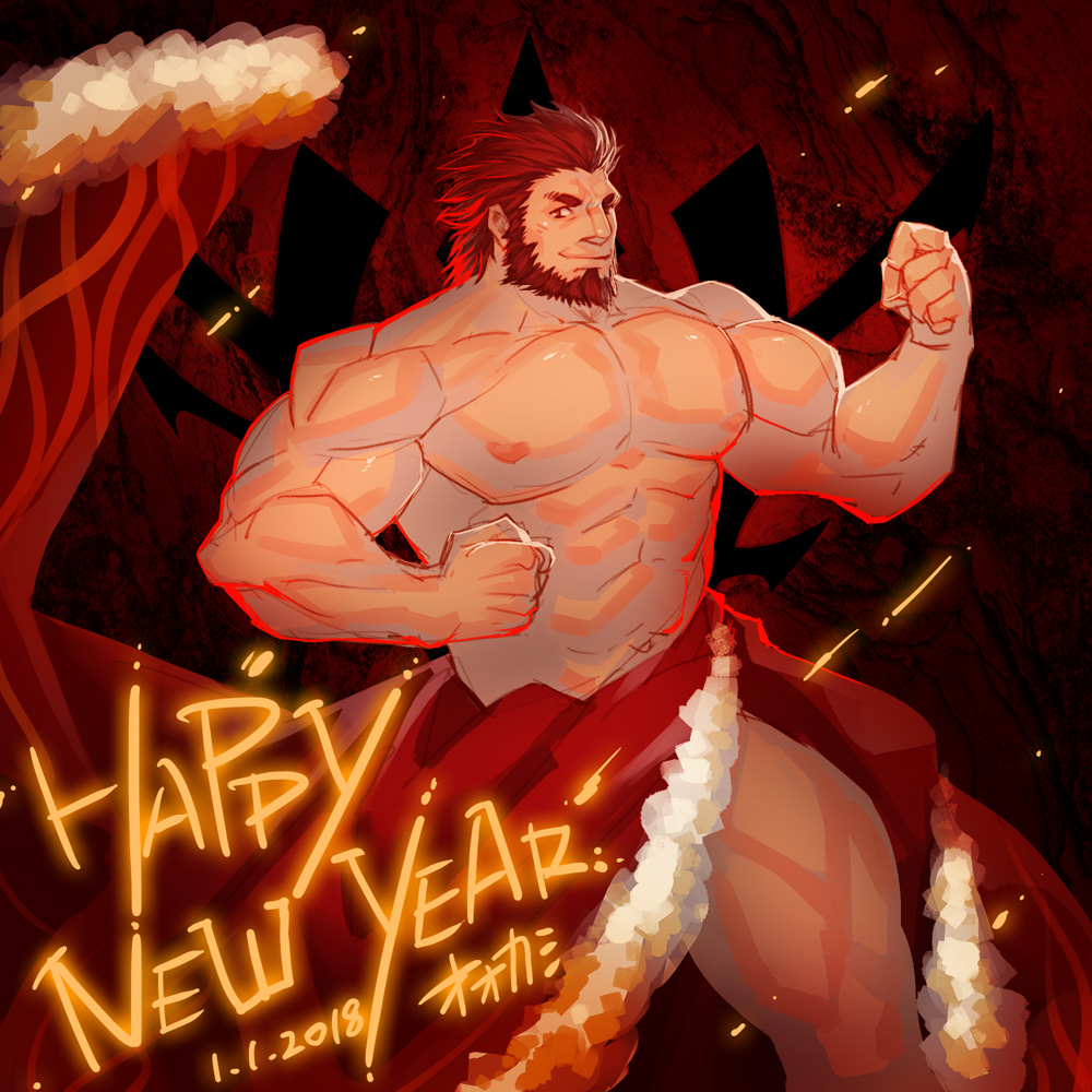 1boy abs alternate_costume bara beard biceps cape chest embers facial_hair fate/grand_order fate/zero fate_(series) fur-trimmed_cape fur_trim happy_new_year iskandar_(fate) lrpanda00 male_focus muscle naked_cape navel new_year nipples red_eyes redhead shirtless short_hair solo thick_thighs thighs