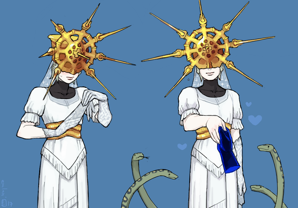 1boy blue_background covered_eyes crossdressinging dark_souls dark_sun_gwyndolin disembodied_limb dress emlan heart holding_hands mask multiple_views otoko_no_ko removing_glove short_hair short_sleeves simple_background snake souls_(from_software) sun_(symbol) veil white_dress white_hair