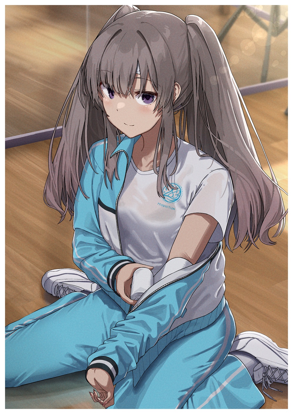 1girl bandages bandaid blush breasts grey_hair gym_uniform highres idolmaster idolmaster_shiny_colors indoors jersey long_hair medium_breasts noeru pants see-through seiza shirt shoes sidelocks sitting smile socks solo sweatpants twintails violet_eyes white_shirt yuukoku_kiriko