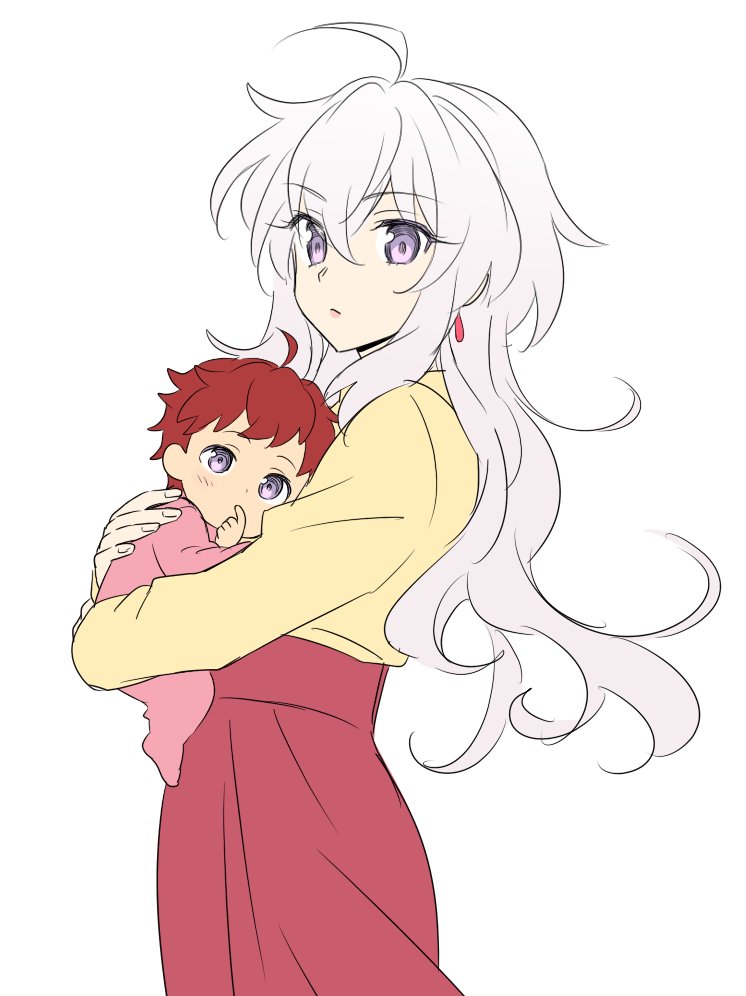1boy 1girl ahoge baby carrying earrings if_they_mated jewelry lanlanlap light_purple_hair long_sleeves mother_and_son older redhead senki_zesshou_symphogear senki_zesshou_symphogear_xd_unlimited violet_eyes white_background yukine_chris