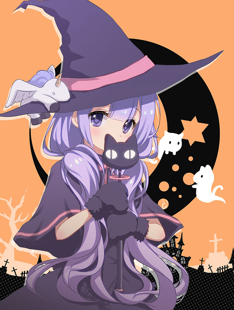 &lt;|&gt;_&lt;|&gt; 1girl azur_lane bangs black_capelet black_dress black_gloves black_headwear brown_background capelet commentary_request covered_mouth crescent_moon dress eyebrows_visible_through_hair fur-trimmed_gloves fur_trim ghost gloves halloween hat holding long_hair looking_at_viewer low_twintails moon paw_gloves paws purple_hair solo stuffed_alicorn stuffed_animal stuffed_toy sukireto twintails unicorn_(azur_lane) upper_body very_long_hair violet_eyes witch_hat