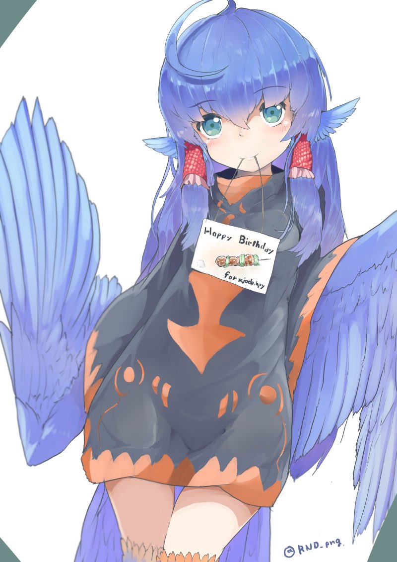 1girl ahoge animal_ears aqua_eyes bird_ears bird_tail bird_wings blue_feathers blue_hair blue_wings borrowed_character dress eyebrows_visible_through_hair feathered_wings feathers hair_tubes harpy head_feathers monster_girl mouth_hold original rnd.jpg sidelocks sign solo twitter_username winged_arms wings