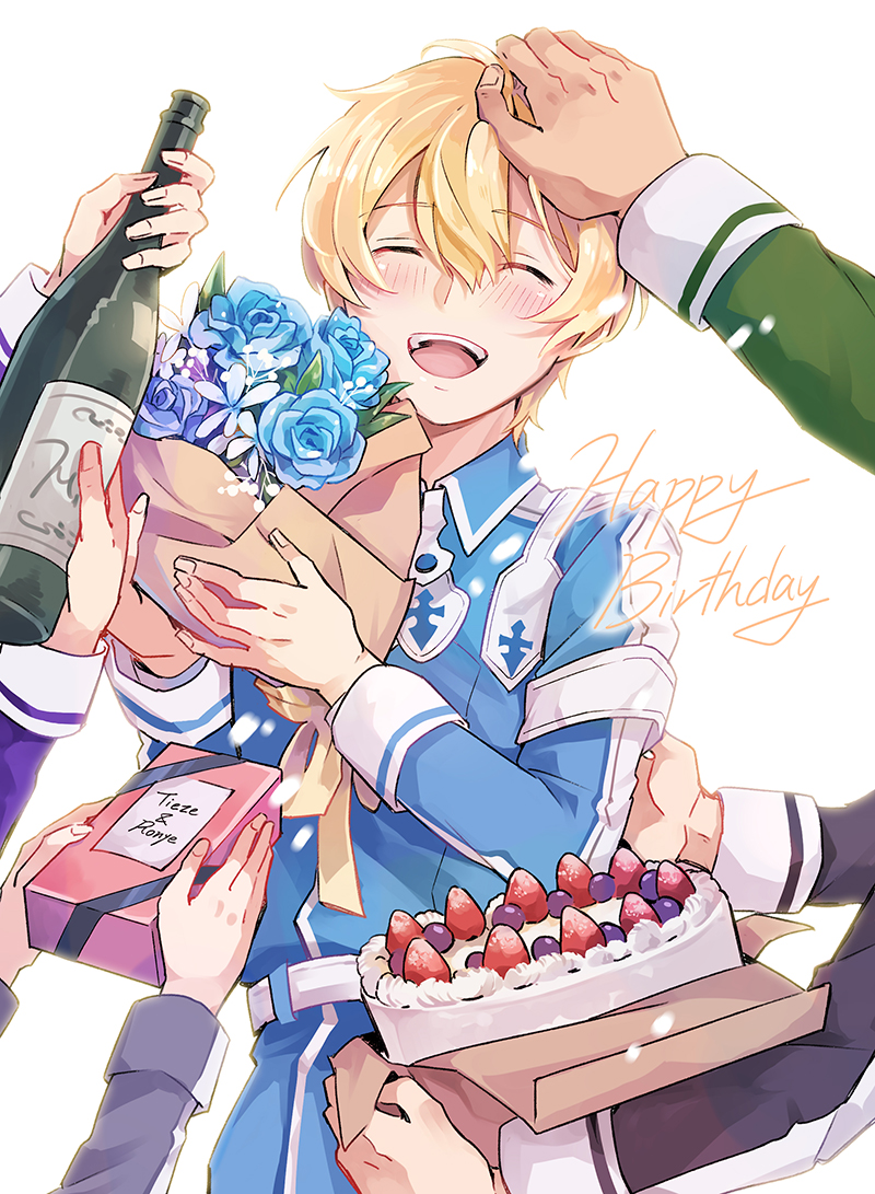 1boy 4others bangs birthday blonde_hair blue_flower blue_rose blush cake closed_eyes commentary_request eugeo flower food fruit hand_on_another's_head happy_birthday holding long_sleeves male_focus military military_uniform multiple_others open_mouth out_of_frame petting rose short_hair shoura simple_background smile solo_focus strawberry sword_art_online sword_art_online:_alicization uniform upper_body upper_teeth white_background