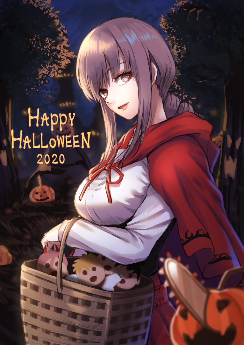 1girl 2020 alternate_costume alternate_hairstyle bangs basket breasts brown_eyes brown_hair chainsaw_man cookie dark_sky dated eyebrows_visible_through_hair eyeliner food halloween halloween_costume happy_halloween highres holding holding_basket light_smile long_hair long_sleeves looking_at_viewer makeup makima_(chainsaw_man) medium_breasts picnic_basket ponytail pumpkin re_(re_09) red_hood red_skirt ringed_eyes shirt skirt smile solo tree white_shirt