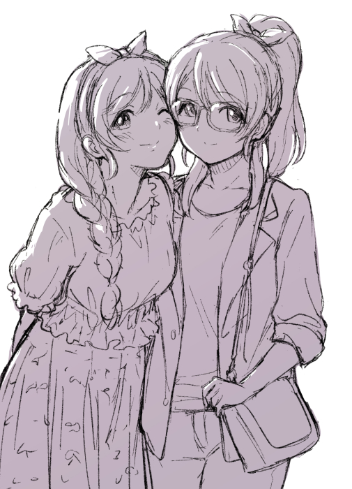 2girls arm_behind_back ayase_eli bag bangs braid breasts closed_mouth collarbone commentary_request cowboy_shot eyebrows_visible_through_hair glasses greyscale hair_ribbon happy jacket long_hair looking_at_viewer love_live! love_live!_school_idol_project monochrome multiple_girls one_eye_closed open_clothes open_jacket pants ponytail ribbon shibasaki_shouji shirt short_sleeves shoulder_bag simple_background single_braid sketch skirt small_breasts smile standing tied_hair toujou_nozomi white_background