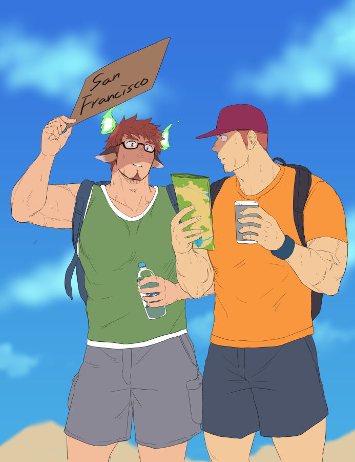 2boys alternate_costume animal_ears bara bare_arms blue_shorts brown_hair chest couple cow_ears facial_hair feet_out_of_frame forked_eyebrows glasses glowing_horns goatee green_shirt grey_shorts gunzo_(tokyo_houkago_summoners) horns male_focus multiple_boys muscle orange_shirt red_headwear san_francisco shirt short_hair shorts sideburns sleeveless sleeveless_shirt sweat tokyo_houkago_summoners unplugged_line wakan_tanka