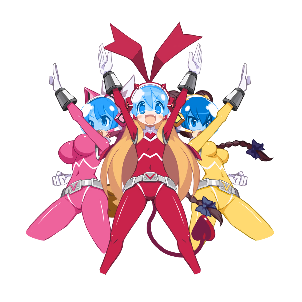 3girls animal_ears arm_up blonde_hair blush bodysuit braid breasts brown_hair cat_ears cat_tail cropped_legs demon_girl demon_tail demon_wings disgaea disgaea_rpg double_bun fake_animal_ears fang female_brawler_(disgaea) flat_chest flonne flonne_(fallen_angel) gloves hands_up large_breasts long_hair medium_breasts multiple_girls nekomata_(disgaea) official_art open_mouth pink_bodysuit pink_hair red_bodysuit tail twin_braids visor wings yellow_bodysuit