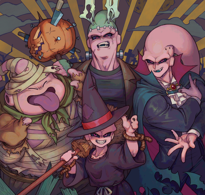 4boys :d :p black_nails black_robe black_sclera bolt broom brown_jacket cape closed_eyes cosplay dragon_ball dragon_ball_z evil_smile fangs frankenstein's_monster frankenstein's_monster_(cosplay) halloween halloween_costume hat holding holding_broom jack-o'-lantern jacket kid_buu kinjuu_(hariharitt) knife looking_at_viewer looking_down majin_buu making-of_available mittens multiple_boys mummy_costume nail open_mouth pink_eyes pink_skin pose robe rope smile steam super_buu teeth tongue tongue_out torn_clothes vampire_costume witch_costume witch_hat wood