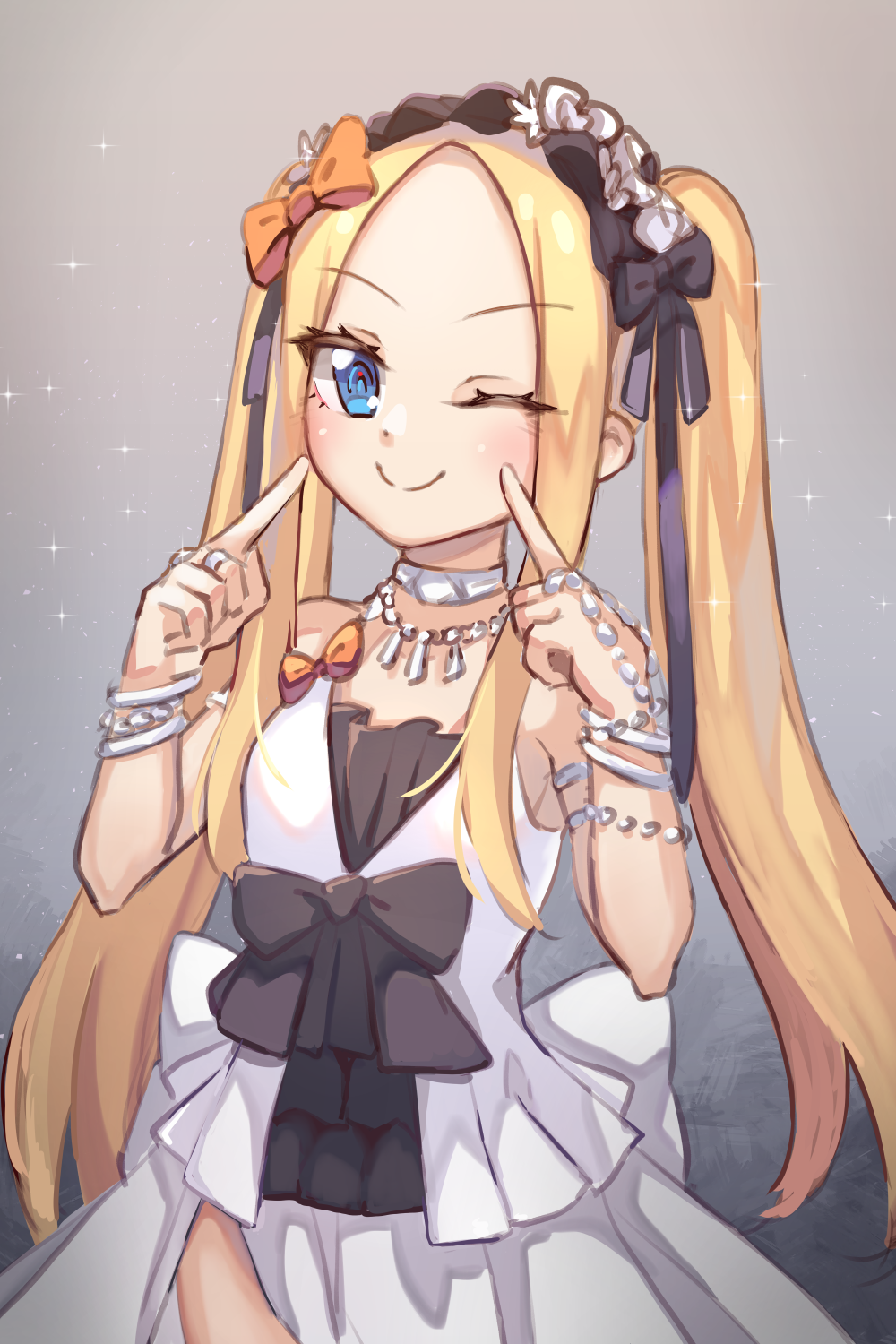 1girl ;) abigail_williams_(fate/grand_order) bangs black_bow black_ribbon blonde_hair blue_eyes blush bow bracelet breasts closed_mouth commentary cosplay dress english_commentary euryale euryale_(cosplay) eyebrows_visible_through_hair fate/grand_order fate/hollow_ataraxia fate_(series) forehead frilled_hairband frills hair_bow hair_ribbon hairband hands_up highres jewelry long_hair looking_at_viewer miya_(miyaruta) multiple_bows necklace one_eye_closed orange_bow parted_bangs pointing pointing_at_self ribbon ring sidelocks small_breasts smile solo sparkle twintails very_long_hair white_dress