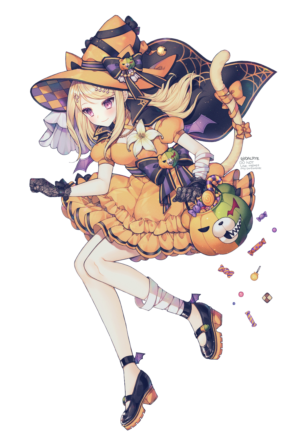 1girl akamatsu_kaede alternate_costume animal_ears bandaged_leg bandages bangs bat_wings black_bow black_cape black_footwear black_gloves black_ribbon blonde_hair bow breasts candy cape cat_ears cat_tail commentary_request dalrye_v3 dangan_ronpa detached_sleeves dress falling floating_clothes food frilled_dress frills full_body gloves halloween halloween_basket hat hat_bow highres jack-o'-lantern jewelry lace lace_gloves long_hair looking_down medium_breasts mini_wings monokuma necklace new_dangan_ronpa_v3 orange_bow orange_dress orange_footwear orange_headwear pink_eyes plaid_headwear puffy_short_sleeves puffy_sleeves repost_notice ribbon sharp_teeth shoes short_sleeves smile solo tail tail_bow teeth twitter_username violet_eyes wings witch_hat