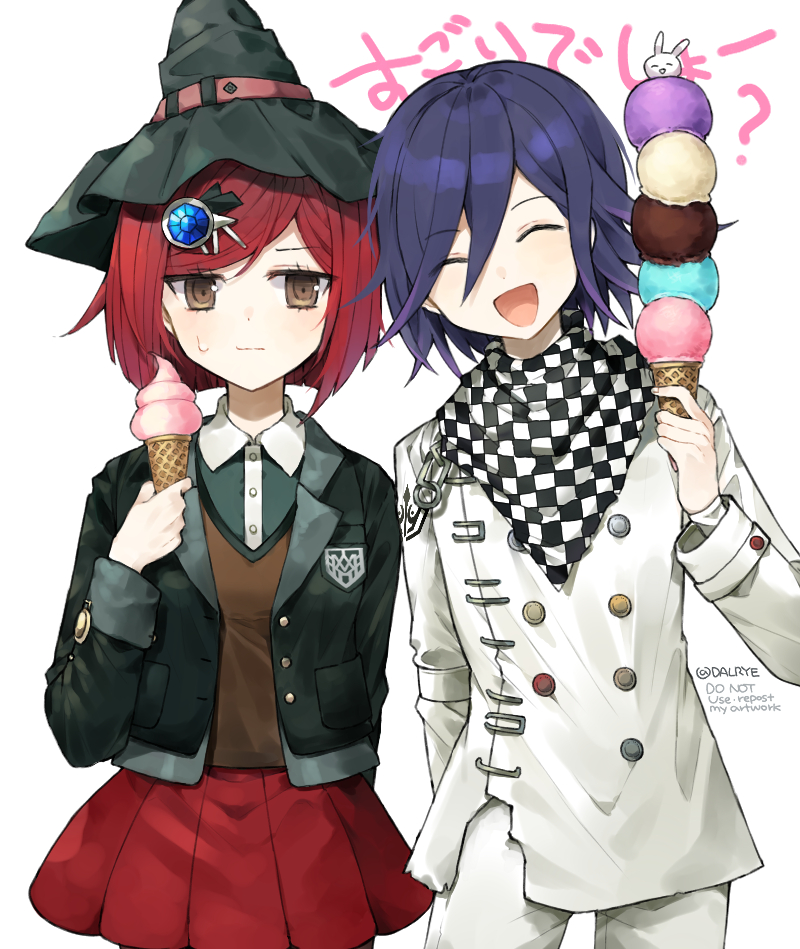 1boy 1girl arm_behind_back artist_name bangs black_hair black_headwear black_jacket breasts checkered checkered_scarf closed_eyes closed_mouth dalrye_v3 dangan_ronpa facing_viewer food gem hair_between_eyes hair_ornament hairclip hand_up hat holding ice_cream ice_cream_cone jacket long_hair long_sleeves looking_at_viewer medium_breasts new_dangan_ronpa_v3 open_mouth ouma_kokichi pants pleated_skirt purple_hair red_eyes red_skirt redhead repost_notice scarf school_uniform shirt short_hair skirt smile straitjacket sweatdrop symbol_commentary translation_request violet_eyes white_pants white_shirt witch_hat yumeno_himiko