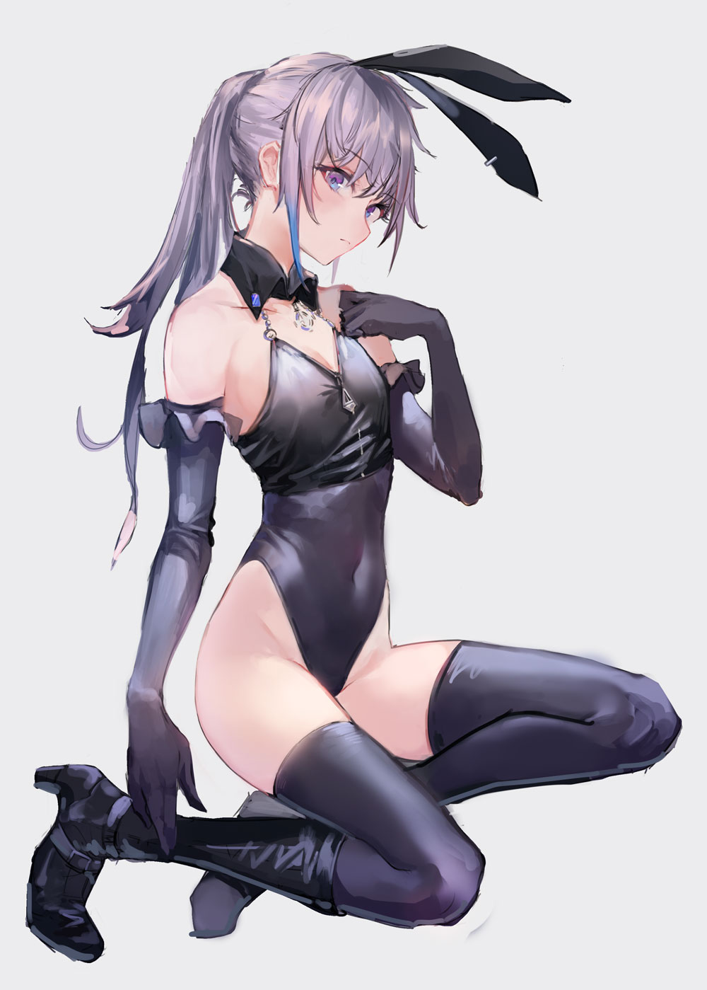 angry ass ass_visible_through_thighs bare_shoulders black_collar black_footwear black_gloves black_legwear boots bunny_hair_ornament clenched_hand collar commentary_request covered_navel detached_collar ears elbow_gloves eyebrows eyebrows_visible_through_hair frilled_gloves frills girls_frontline glaring gloves hair_ornament hand_on_own_chest head_tilt high_heel_boots high_heels highres irikawa jewelry kneeling leotard long_hair looking_at_viewer neckwear pink_hair playboy_bunny ponytail sidelocks simple_background st_ar-15_(girls_frontline) thigh-highs thighs violet_eyes white_background