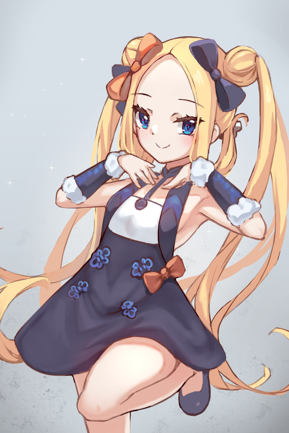 1girl abigail_williams_(fate/grand_order) bangs bare_shoulders black_bow black_dress blonde_hair blue_eyes blush bow breasts closed_mouth cosplay detached_sleeves double_bun dress fate/grand_order fate_(series) forehead hair_bow hands_on_own_chest highres long_hair looking_at_viewer miya_(miyaruta) multiple_bows orange_bow parted_bangs sidelocks small_breasts twintails yang_guifei_(fate/grand_order) yang_guifei_(fate/grand_order)_(cosplay)