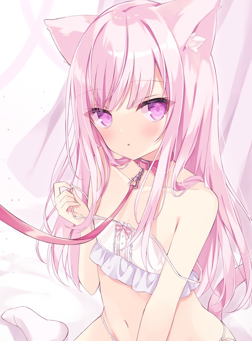 1girl animal_ear_fluff animal_ears bangs blush camisole cat_ears cat_girl cat_tail collar collarbone commentary_request crop_top eyebrows_visible_through_hair hand_up hoshi_(snacherubi) leash long_hair navel original panties parted_lips pink_hair pulled_by_self red_collar socks solo strap_pull strap_slip tail underwear underwear_only very_long_hair violet_eyes white_camisole white_legwear white_panties