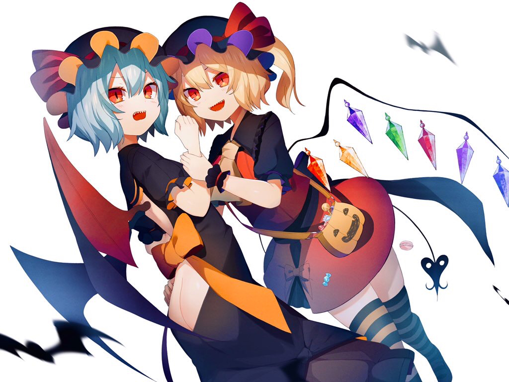 alternate_color ass_cutout back_bow back_cutout bag bat bat_wings black_bow black_dress black_headwear black_shirt blonde_hair blue_hair bow butt_crack candy clothing_cutout commentary cravat crystal dress flandre_scarlet food hair_between_eyes halloween hat hat_ribbon ikasoba jack-o'-lantern_print laevatein_(tail) lollipop macaron mob_cap orange_bow red_ribbon red_skirt red_vest remilia_scarlet ribbon sharp_teeth shirt short_hair short_sleeves shoulder_bag siblings side_ponytail simple_background sisters skirt striped striped_legwear tail teeth thigh-highs touhou vest white_background wings wrapped_candy wrist_cuffs wrist_grab yellow_neckwear