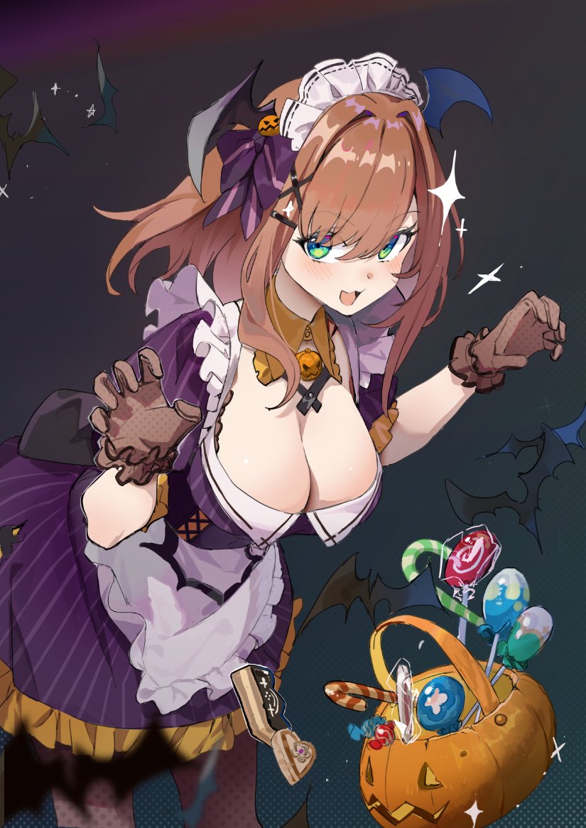 1girl apron bat blue_eyes breasts brown_hair candy eyebrows_visible_through_hair food gloves halloween halloween_costume jack-o'-lantern large_breasts looking_at_viewer maid maid_apron maid_dress maid_headdress medium_hair night nijisanji seinen solo suzuhara_lulu