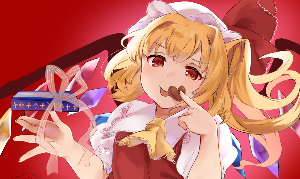 1girl :p ascot blonde_hair blush bow box candy chocolate chocolate_heart commentary_request crystal dutch_angle eyebrows_visible_through_hair finger_to_mouth flandre_scarlet food gift gift_box gradient gradient_background hat hat_bow haya_taro_pochi heart holding holding_chocolate holding_food looking_at_viewer mob_cap puffy_short_sleeves puffy_sleeves red_background red_eyes red_vest short_hair short_sleeves simple_background slit_pupils solo tongue tongue_out touhou upper_body vest white_headwear wings yellow_neckwear