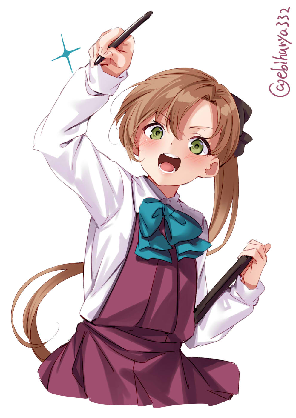 1girl akigumo_(kantai_collection) black_bow blue_ribbon blush bow brown_hair cowboy_shot dress ebifurya eyebrows_visible_through_hair green_eyes hair_between_eyes hair_ribbon highres holding holding_pen kantai_collection long_hair long_sleeves looking_at_viewer neck_ribbon notebook open_mouth pen pleated_skirt ponytail purple_dress ribbon school_uniform shirt simple_background sketchbook skirt sleeveless sleeveless_dress smile solo stylus tablet_pc twitter_username upper_body vest white_background white_shirt