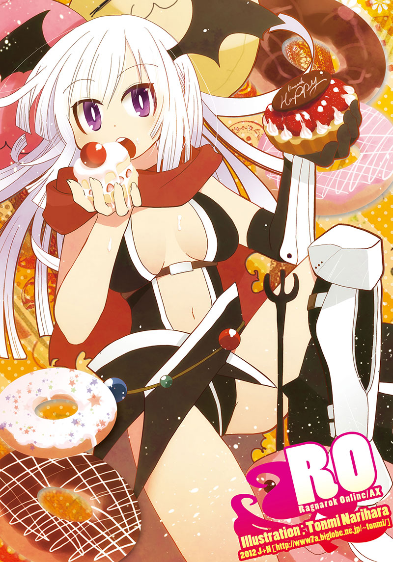 1girl armored_boots artist_name assassin_cross_(ragnarok_online) bangs belt black_gloves black_panties black_shirt blush boots breasts cake commentary_request copyright_name cowboy_shot dated demon_wings doughnut drops_(ragnarok_online) dutch_angle eating elbow_gloves english_text eyebrows_visible_through_hair eyes_visible_through_hair fake_wings food gauntlets gloves hair_between_eyes head_wings holding holding_food icing long_hair looking_at_viewer medium_breasts narihara_tonmi navel open_mouth panties poring ragnarok_online red_scarf revealing_clothes scarf shirt sleeveless sleeveless_shirt solo star_(symbol) stomach strawberry_shortcake underwear upper_teeth violet_eyes whipped_cream white_hair wings