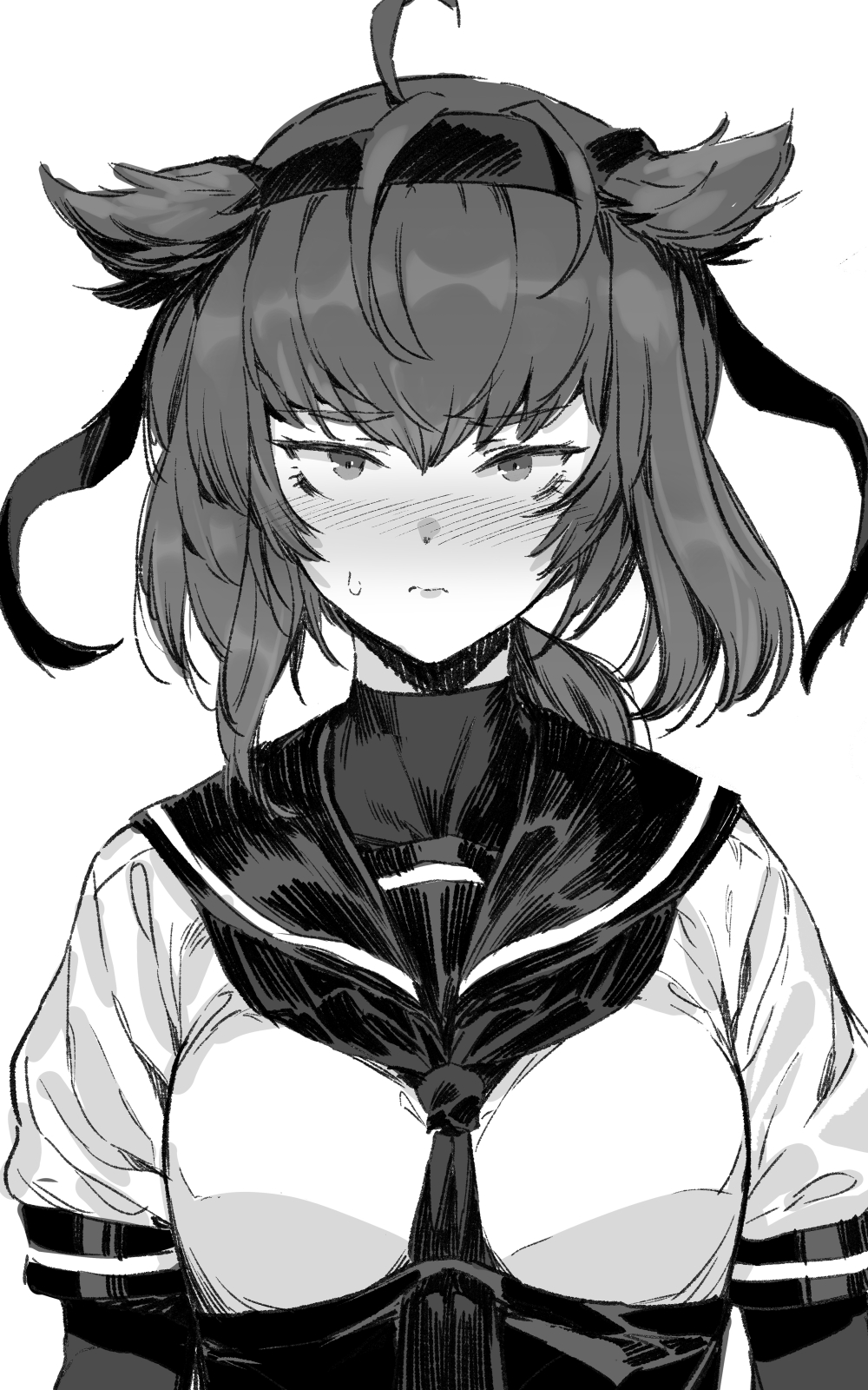 1girl ahoge bacius bangs blush bodysuit breasts closed_mouth eyebrows_visible_through_hair greyscale hachimaki hair_between_eyes hair_flaps hatsuzuki_(kantai_collection) headband highres kantai_collection medium_hair monochrome sailor_collar simple_background solo sweat upper_body