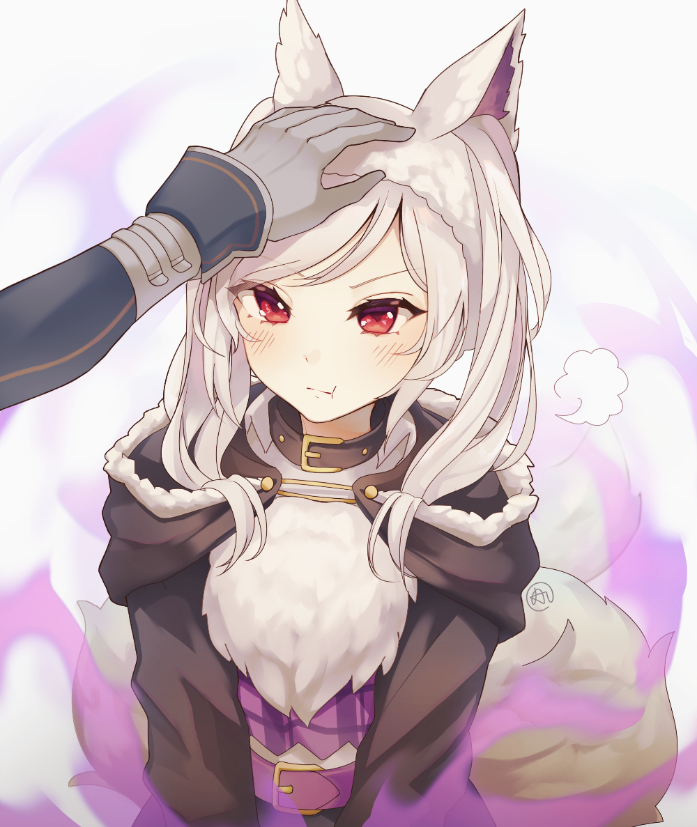 1girl :t aftergardens animal_ears bangs belt brown_cloak cloak collar energy eyebrows_visible_through_hair eyes_visible_through_hair fake_animal_ears fire_emblem fire_emblem_awakening fire_emblem_heroes fur_trim gloves grey_gloves hand_on_another's_head headband hood long_hair long_sleeves medium_hair plaid plaid_shirt pout red_eyes robin_(fire_emblem) robin_(fire_emblem)_(female) shirt tail twintails upper_body white_hair wolf_ears wolf_tail