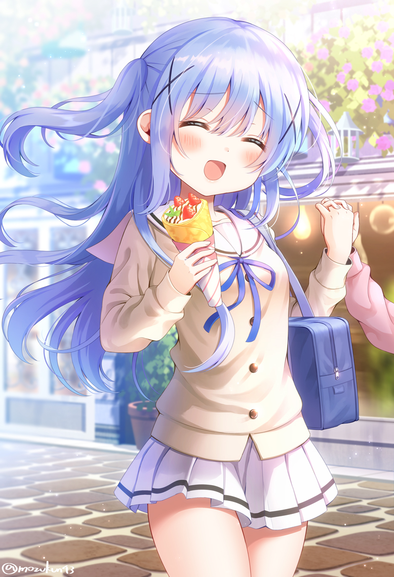 1girl :d ^_^ bag bangs blue_hair blush closed_eyes commentary_request cowboy_shot crepe day eyebrows_visible_through_hair food fruit gochuumon_wa_usagi_desu_ka? hair_between_eyes hair_ornament holding holding_food holding_hands interlocked_fingers kafuu_chino long_hair long_sleeves mozukun43 open_mouth outdoors pleated_skirt road shoulder_bag skirt smile solo_focus strawberry street twitter_username two_side_up x_hair_ornament