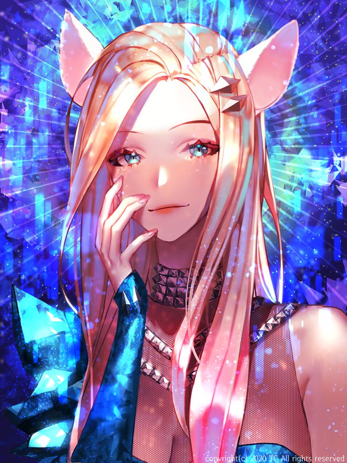 ahri animal_ears asymmetrical_clothes blonde_hair blue_eyes fox_ears hair_ornament hairclip k/da_(league_of_legends) kitsune league_of_legends long_hair makeup nail_polish shiny user_(fppr3275)