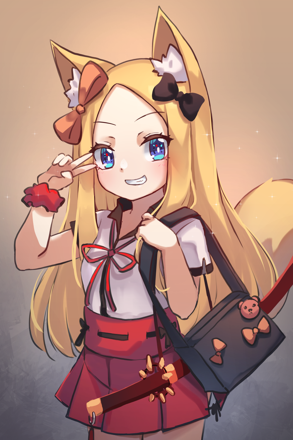 1girl abigail_williams_(fate/grand_order) animal_ears bangs black_bow blonde_hair blue_eyes blush bow breasts cosplay fate/extra fate/extra_ccc fate/extra_ccc_fox_tail fate/grand_order fate_(series) forehead fox_ears hakama highres japanese_clothes long_hair looking_at_viewer miya_(miyaruta) multiple_bows orange_bow parted_bangs red_hakama small_breasts smile suzuka_gozen_(fate) suzuka_gozen_(fate)_(cosplay)