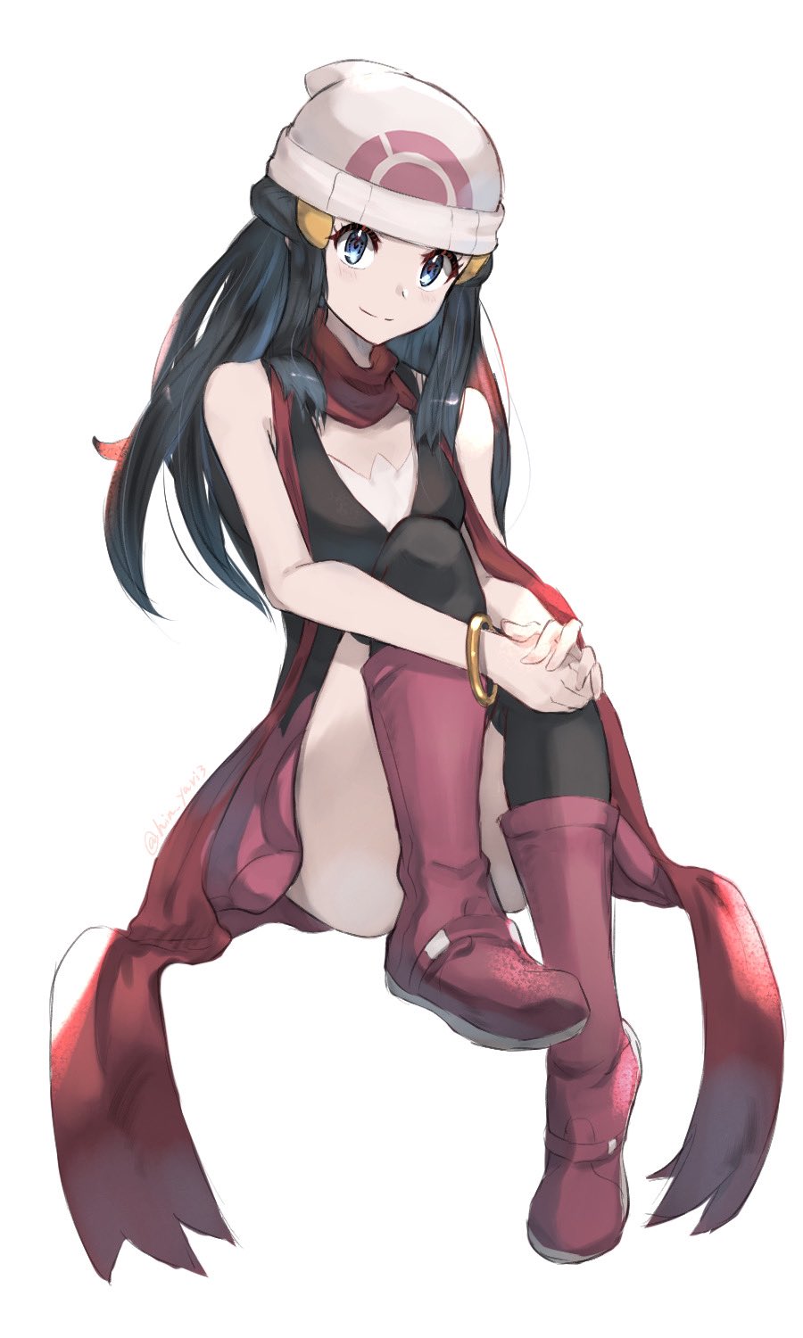 1girl beanie black_hair blush boots bracelet closed_mouth commentary_request hikari_(pokemon) eyelashes full_body hair_ornament hairclip hat highres jewelry light_smile long_hair long_scarf looking_at_viewer odd_(hin_yari) over-kneehighs pink_footwear pokemon pokemon_(game) pokemon_dppt red_scarf scarf sidelocks solo thigh-highs white_headwear