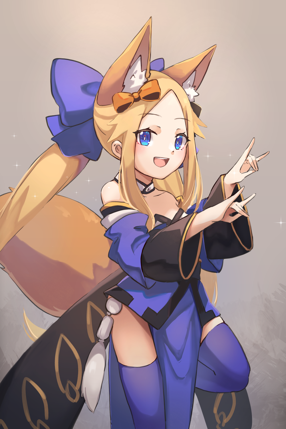 1girl :d abigail_williams_(fate/grand_order) animal_ear_fluff animal_ears bangs blonde_hair blue_eyes blue_kimono blue_legwear blush breasts cosplay double_fox_shadow_puppet fate/extra fate/grand_order fate_(series) forehead fox_ears fox_shadow_puppet fox_tail highres japanese_clothes kimono long_hair looking_at_viewer miya_(miyaruta) open_mouth parted_bangs small_breasts smile tail tamamo_(fate)_(all) tamamo_no_mae_(fate) tamamo_no_mae_(fate)_(cosplay)