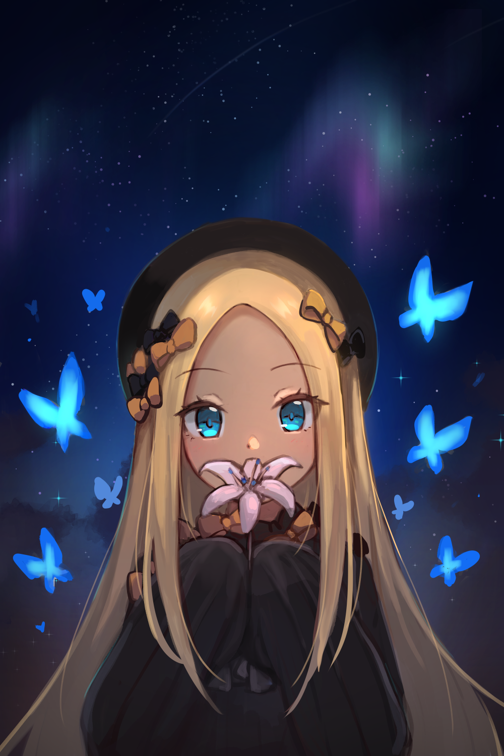 1girl abigail_williams_(fate/grand_order) aurora bangs black_bow black_dress black_headwear blonde_hair blue_eyes bow breasts bug butterfly dress fate/grand_order fate_(series) flower forehead hair_bow hat highres insect long_hair miya_(miyaruta) multiple_bows night night_sky orange_bow parted_bangs ribbed_dress sky sleeves_past_fingers sleeves_past_wrists small_breasts