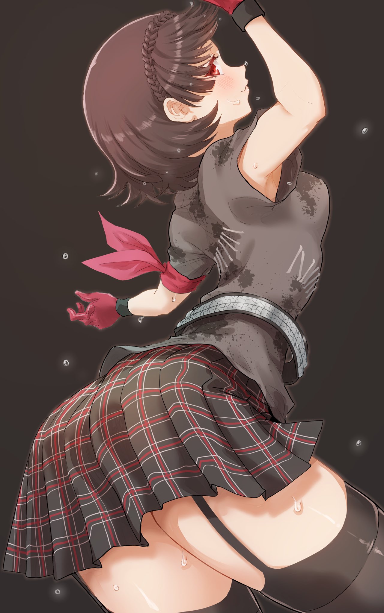 1girl armpit_peek ass black_legwear black_shirt blush braid brown_hair garter_straps gloves highres kurosususu niijima_makoto persona persona_5 persona_5_scramble:_the_phantom_strikers plaid plaid_skirt red_eyes shirt short_hair short_sleeves skirt smile solo sweat thigh-highs