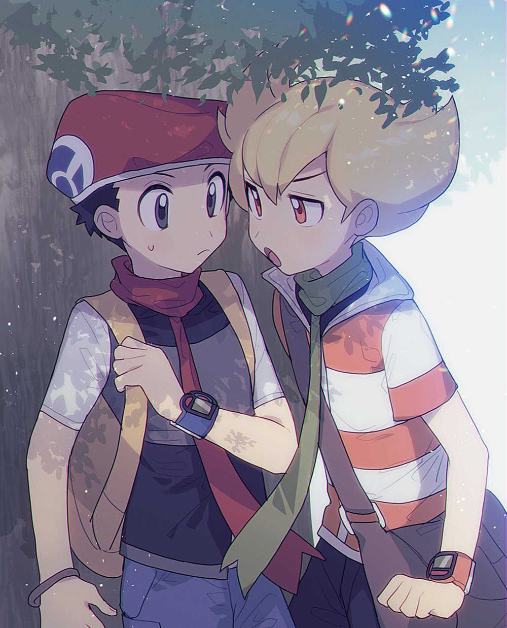 2boys bag barry_(pokemon) black_hair blonde_hair closed_mouth eye_contact green_scarf grey_eyes hat highres holding_strap looking_at_another lucas_(pokemon) male_focus multiple_boys open_mouth orange_eyes oshi_taberu pants pokemon pokemon_(game) pokemon_dppt red_headwear red_scarf scarf short_sleeves shoulder_bag sweat tongue yellow_bag