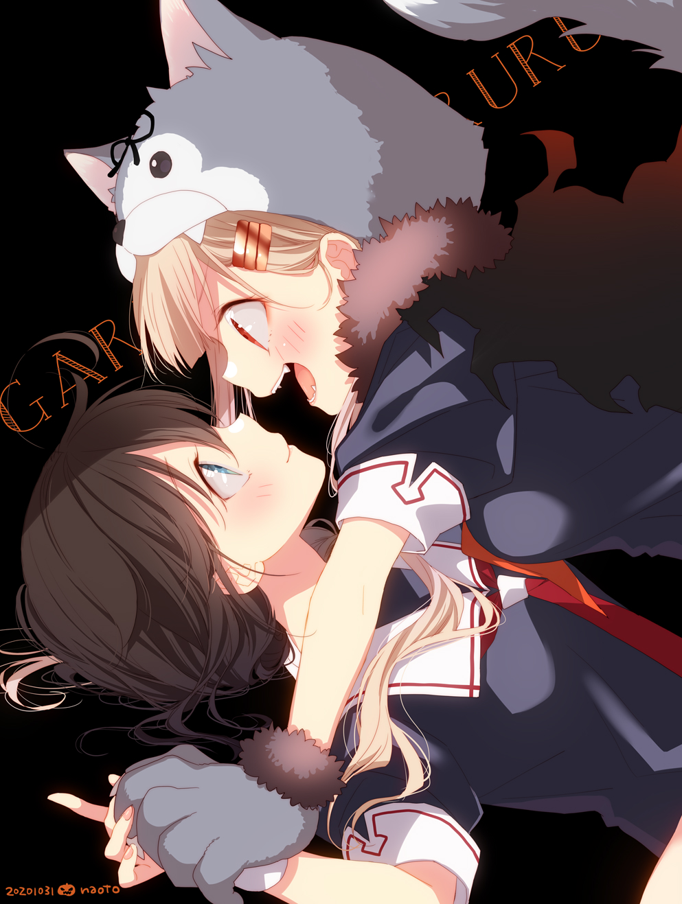 2girls ahoge animal_hood background_text bangs black_background blonde_hair blue_eyes blush breasts brown_hair capelet dated fangs fur_trim gloves hair_flaps hair_ornament hairclip halloween halloween_costume highres hood kantai_collection long_hair multiple_girls naoto_(tulip) open_mouth paw_gloves paws profile red_eyes red_neckwear sailor_collar school_uniform serafuku shigure_(kantai_collection) short_sleeves signature simple_background smile yuudachi_(kantai_collection)