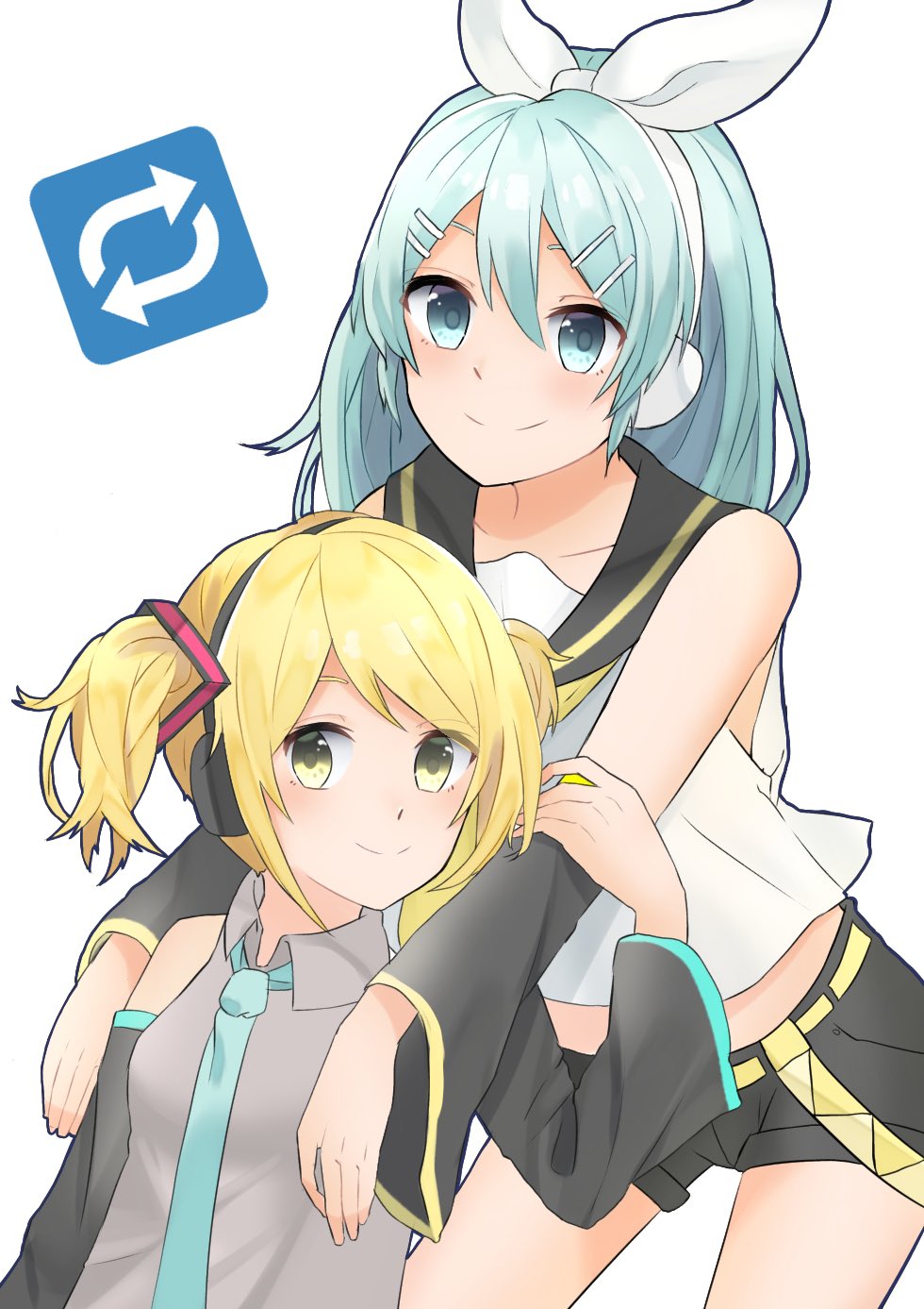 2girls alternate_hairstyle aqua_eyes aqua_hair aqua_neckwear arm_warmers bangs bare_shoulders belt black_collar black_shorts black_sleeves blonde_hair bow collar commentary cosplay costume_switch crop_top detached_sleeves grey_shirt hair_bow hair_ornament hands_on_another's_shoulders hatsune_miku hatsune_miku_(cosplay) headphones highres kagamine_rin kagamine_rin_(cosplay) leaning_forward long_hair looking_at_viewer multiple_girls neckerchief necktie nonnon_2012 sailor_collar school_uniform shirt short_hair short_shorts shorts sleeveless sleeveless_shirt smile swept_bangs twintails very_long_hair vocaloid white_background white_bow white_shirt yellow_neckwear